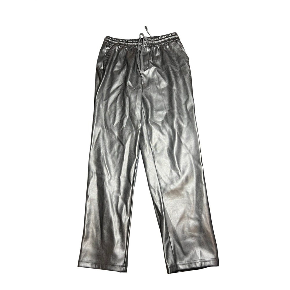 Womens Faux Leather Jogger Pants Elastic Waist Drawstring Silver Size L
